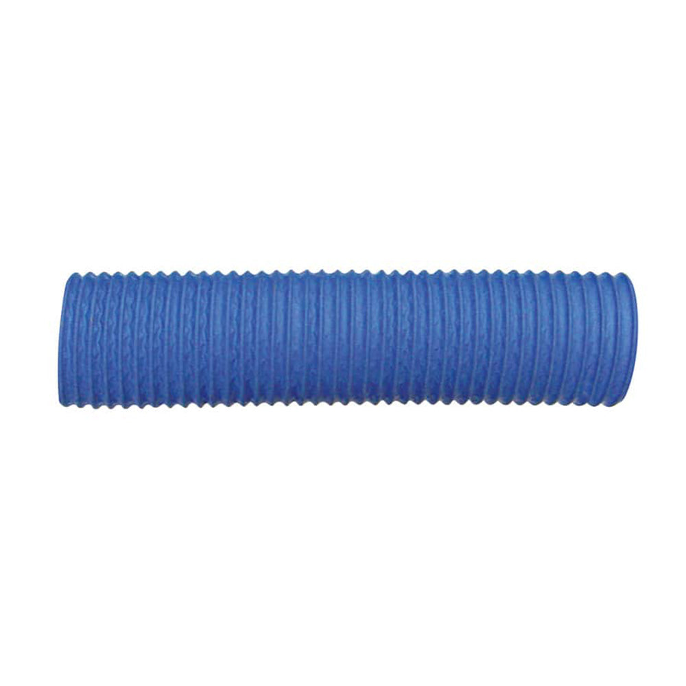 Trident Marine 3-inch blue polyduct blower hose, flexible and durable, shown coiled with connector fittings for marine ventilation.