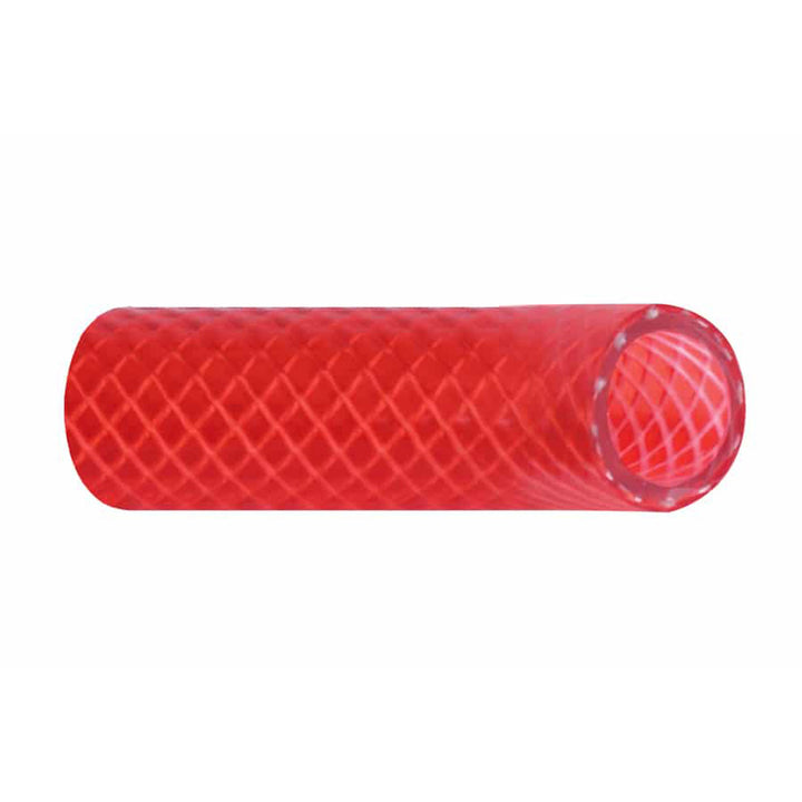 Trident Marine 5/8" reinforced PVC hot water feed line hose in translucent red, suitable for drinking water, sold by the foot.