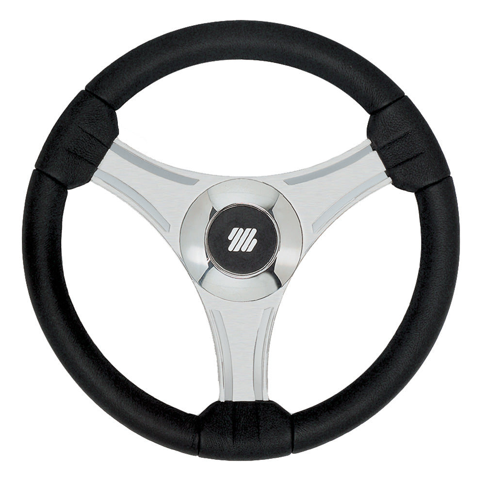 Uflex Tavolara 13.8-inch black polyurethane steering wheel with silver spokes and X62 hub for marine or vehicle use.