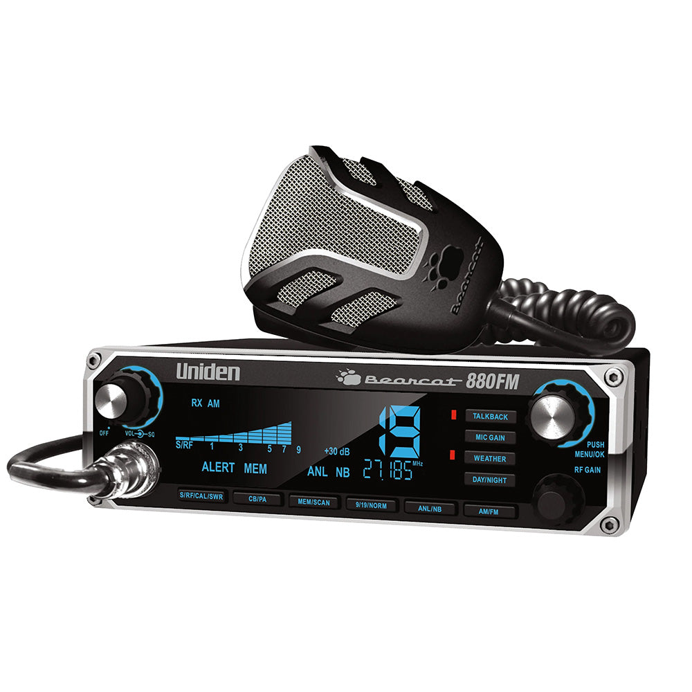 Uniden Bearcat 880FM CB Radio with AM/FM display and controls, compact radio for communication and entertainment.