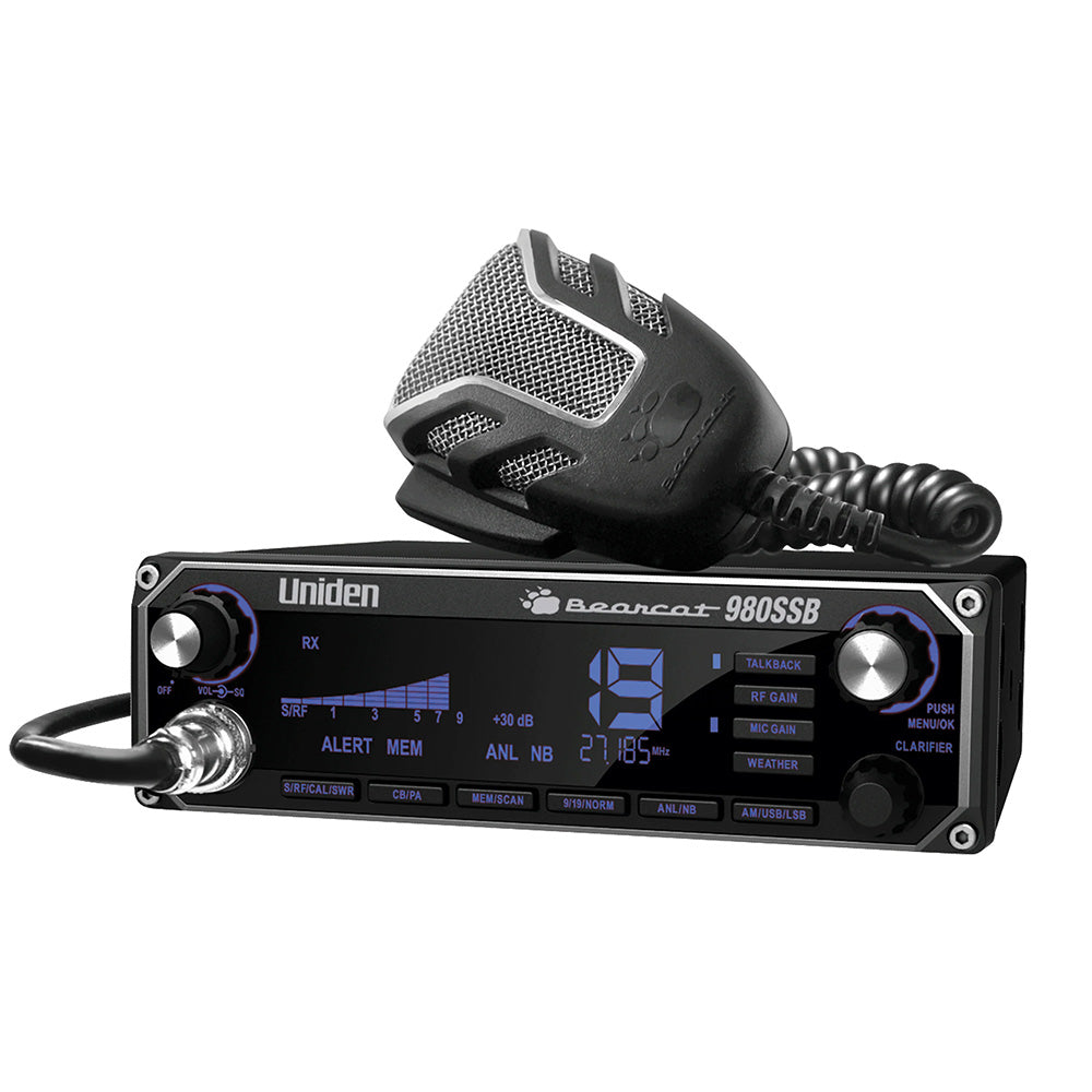 Uniden Bearcat 980SSB single side band CB radio with digital display and microphone for vehicle communication.
