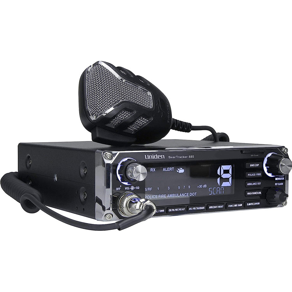 Uniden BearTracker 885 hybrid CB radio with digital display and emergency features, designed for vehicle communication.