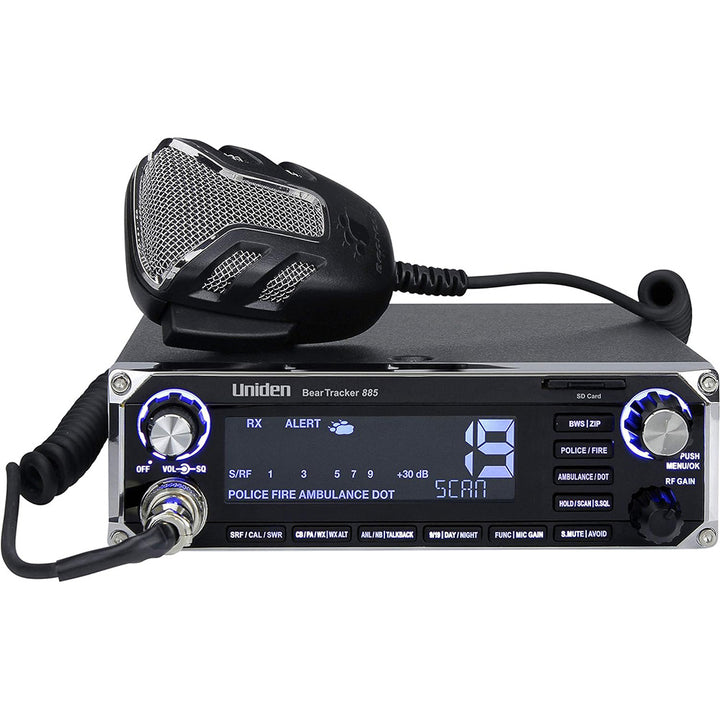 Uniden BearTracker 885 Hybrid CB Radio with digital display and microphone, compact design for vehicle communication.