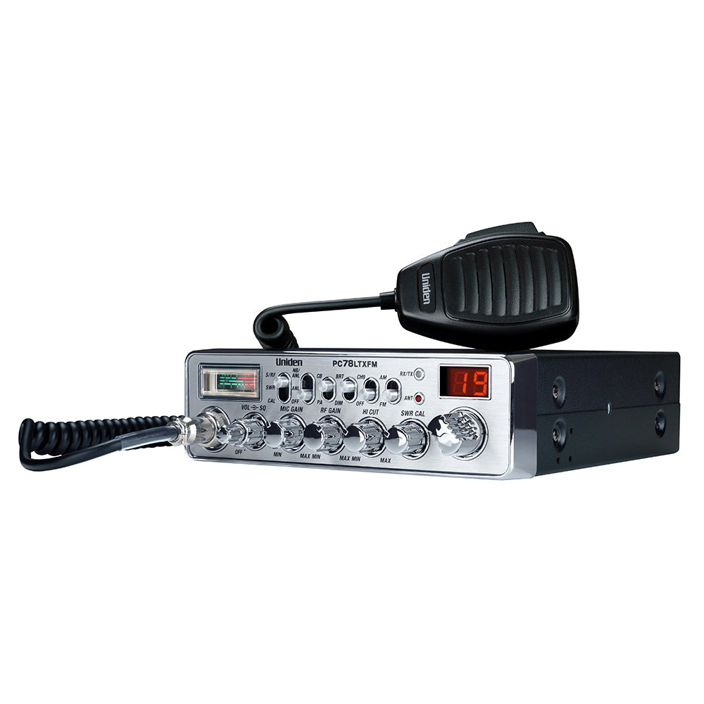 Uniden PC78LTXFM CB radio with AM/FM, compact design, front panel controls, and built-in microphone for communication.