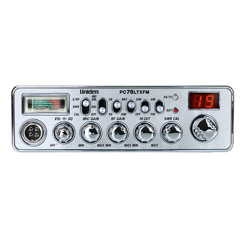 Uniden PC78LTXFM CB Radio with AM/FM, compact two-way radio device for communication, displaying controls and radio display.