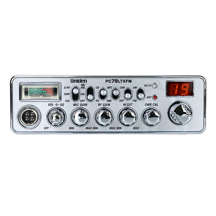 Uniden PC78LTXFM CB Radio with AM/FM, compact two-way radio device for communication, displaying controls and radio display.
