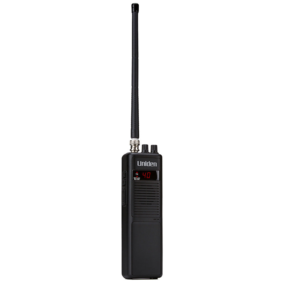 Uniden PRO401HH handheld CB radio with microphone and control buttons, portable communication device for CB radio enthusiasts.