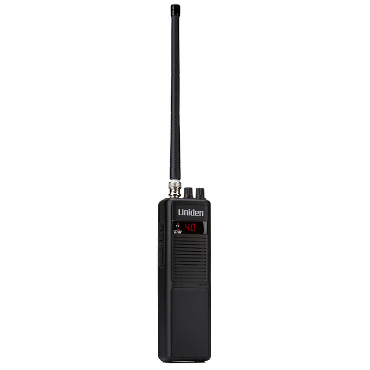 Uniden PRO401HH handheld CB radio with microphone and control buttons, portable communication device for CB radio enthusiasts.