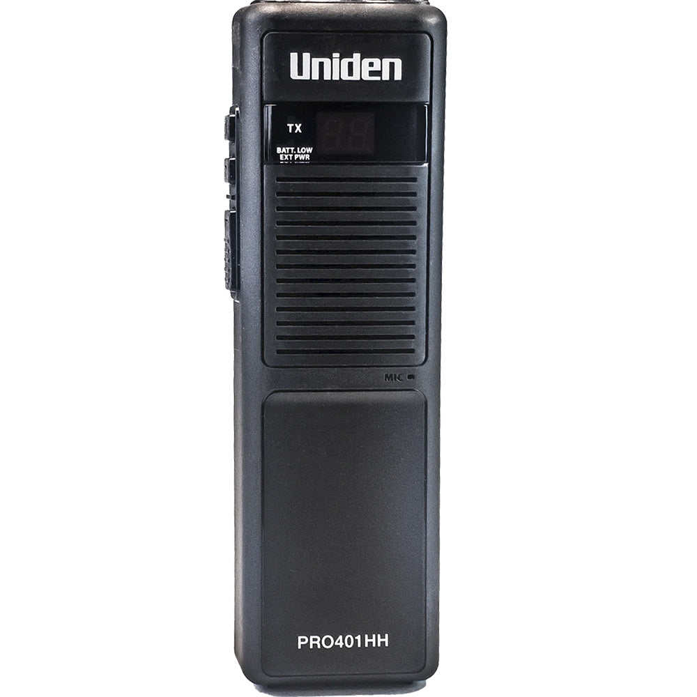 Uniden PRO401HH handheld CB radio with microphone, compact design, and display screen for clear communication.