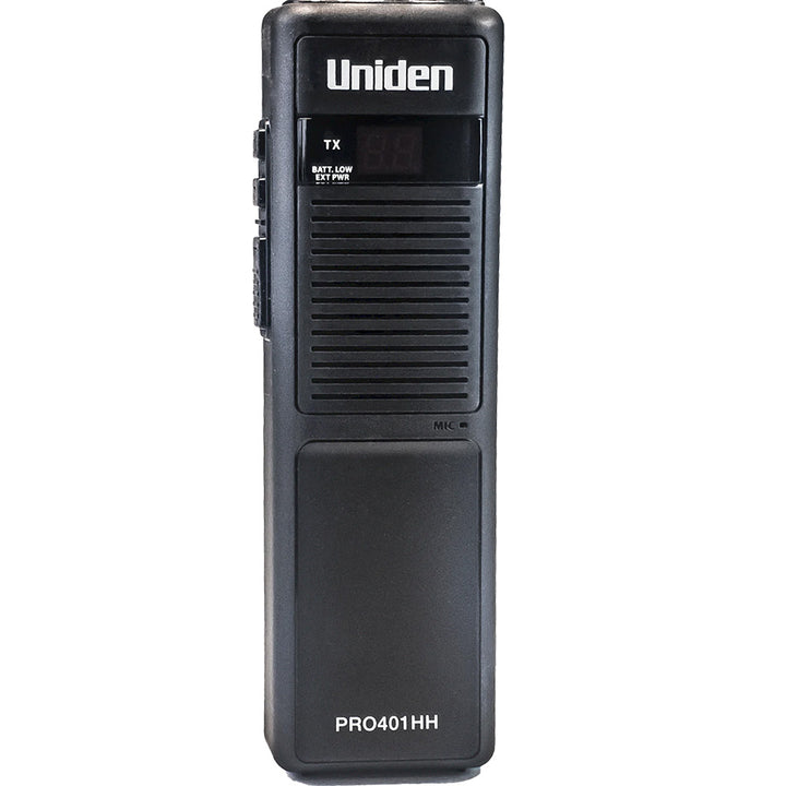 Uniden PRO401HH handheld CB radio with microphone, compact design, and display screen for clear communication.