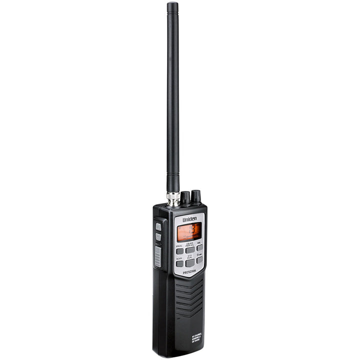 Uniden PRO501HH handheld CB radio with display, microphone, and controls for portable communication.