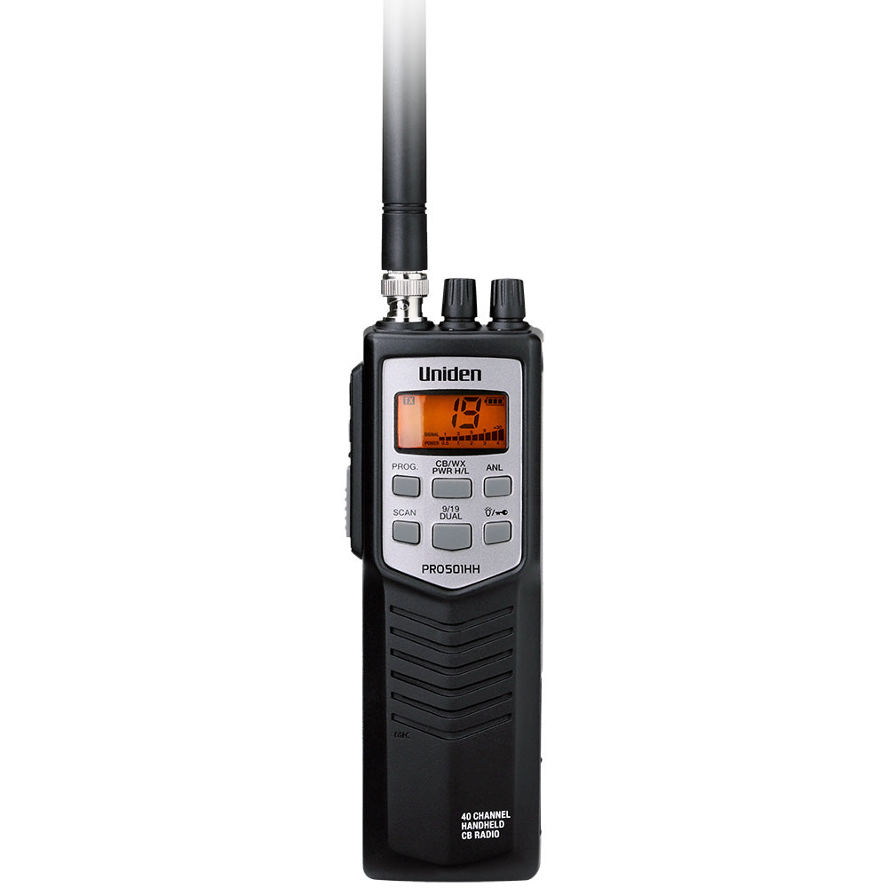 Uniden PRO501HH handheld CB radio with digital display and microphone, designed for portable communication.