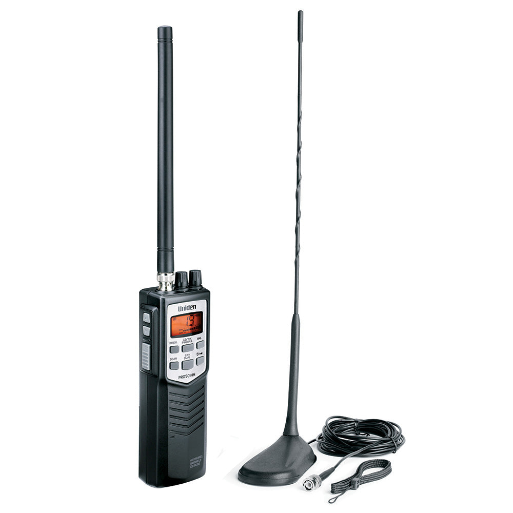 Uniden PRO501TK handheld CB radio with high gain magnetic mount antenna, compact communication device for off-road or outdoor use.