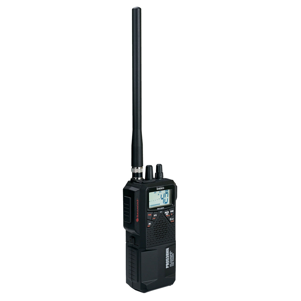 Uniden PRO538HHFM handheld CB radio with AM/FM bands, portable device for communication and emergency use.