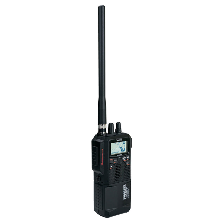 Uniden PRO538HHFM handheld CB radio with AM/FM bands, portable device for communication and emergency use.
