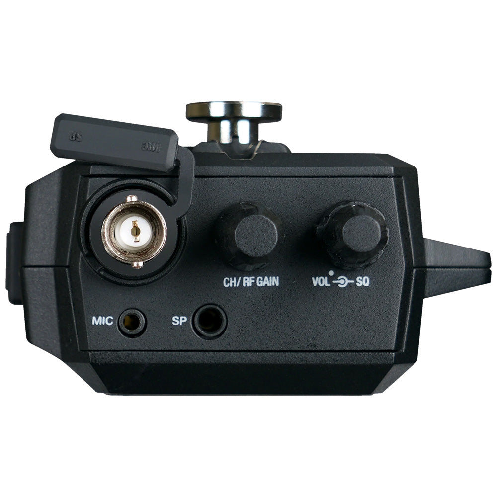 Uniden PRO538HHFM handheld CB radio with AM/FM, compact design, display screen, and control knobs for communication.