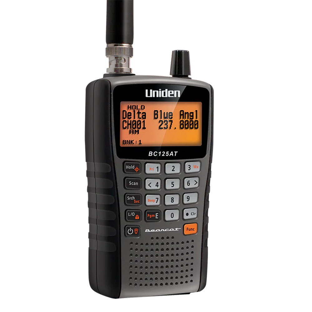 Uniden BC125AT analog handheld scanner with digital display and control buttons, ideal for radio scanning.