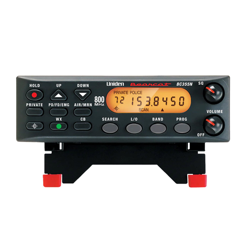 Uniden BC355N compact analog base and mobile radio scanner with digital display and control knobs.
