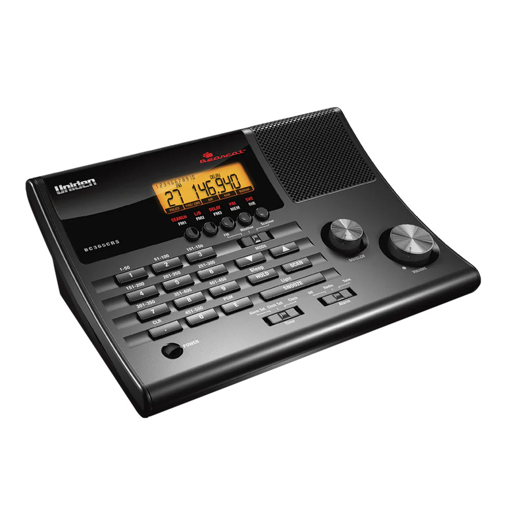 Uniden BC365CRS desktop analog radio scanner with digital display and control knobs, designed for listening to radio broadcasts.