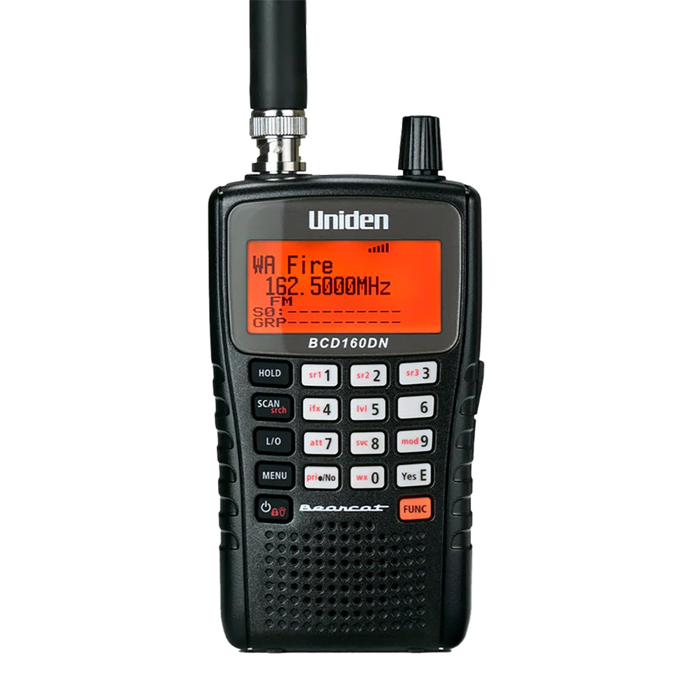 Uniden BCD160DN digital handheld radio scanner with display and controls for wide frequency monitoring.