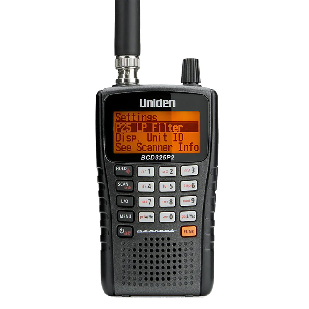 Uniden BCD325P2 compact digital handheld scanner with display and controls for radio scanning and communication.