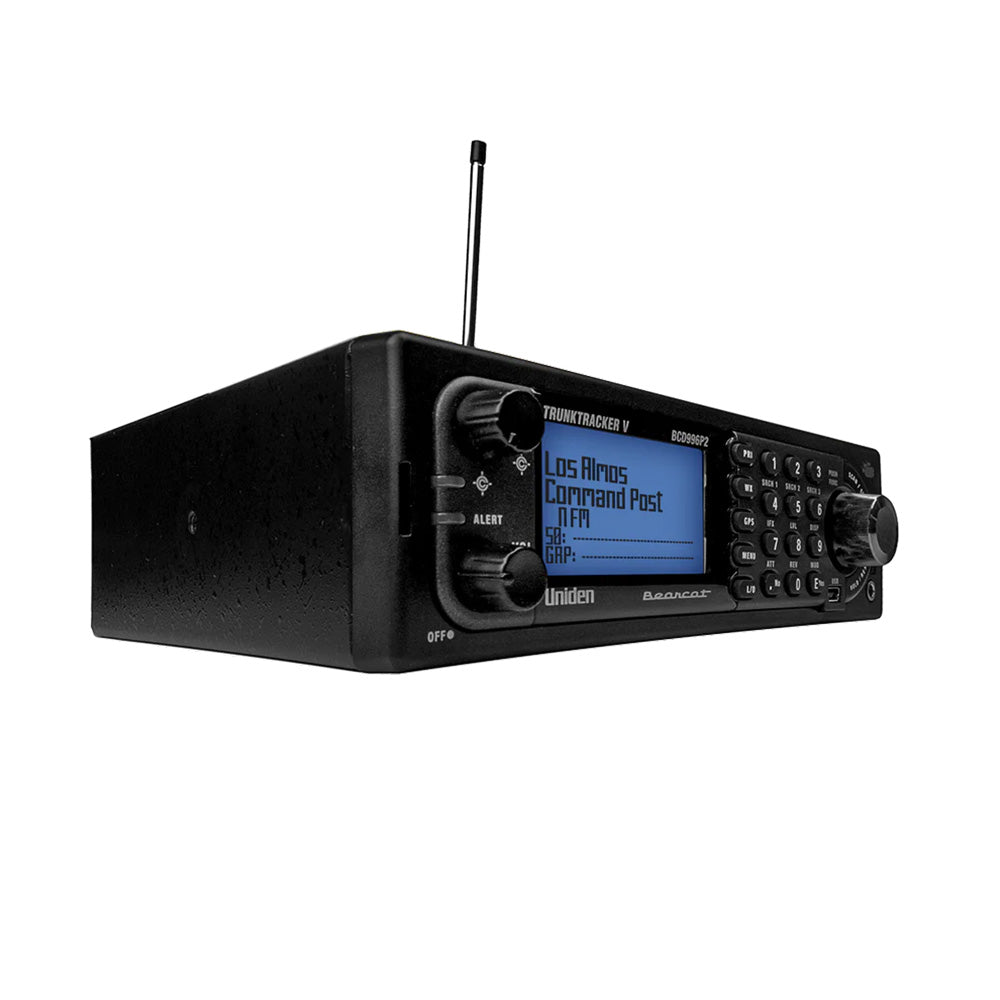 Uniden BCD996P2 digital base/mobile radio scanner with control knobs and display screen, ideal for scanning multiple radio frequencies.