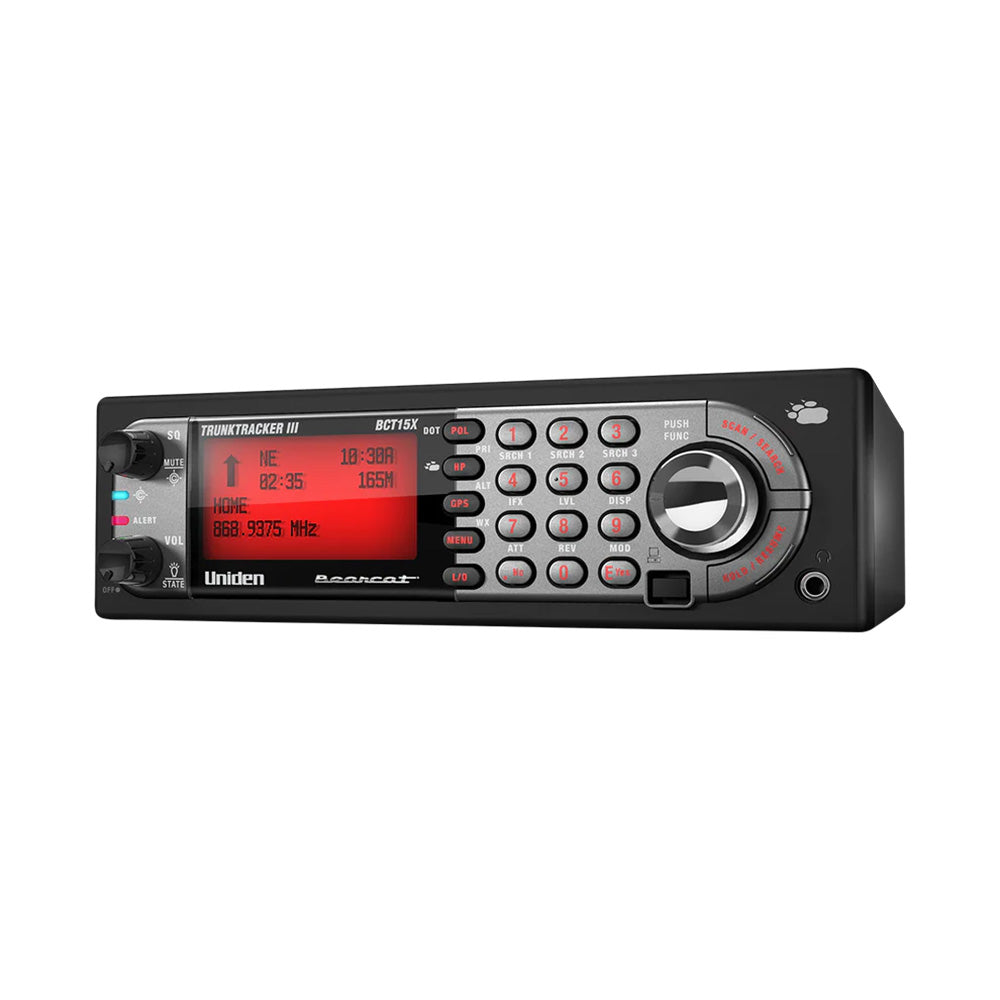 Uniden BCT15X analog trunking base and mobile radio scanner with digital display and control knobs.
