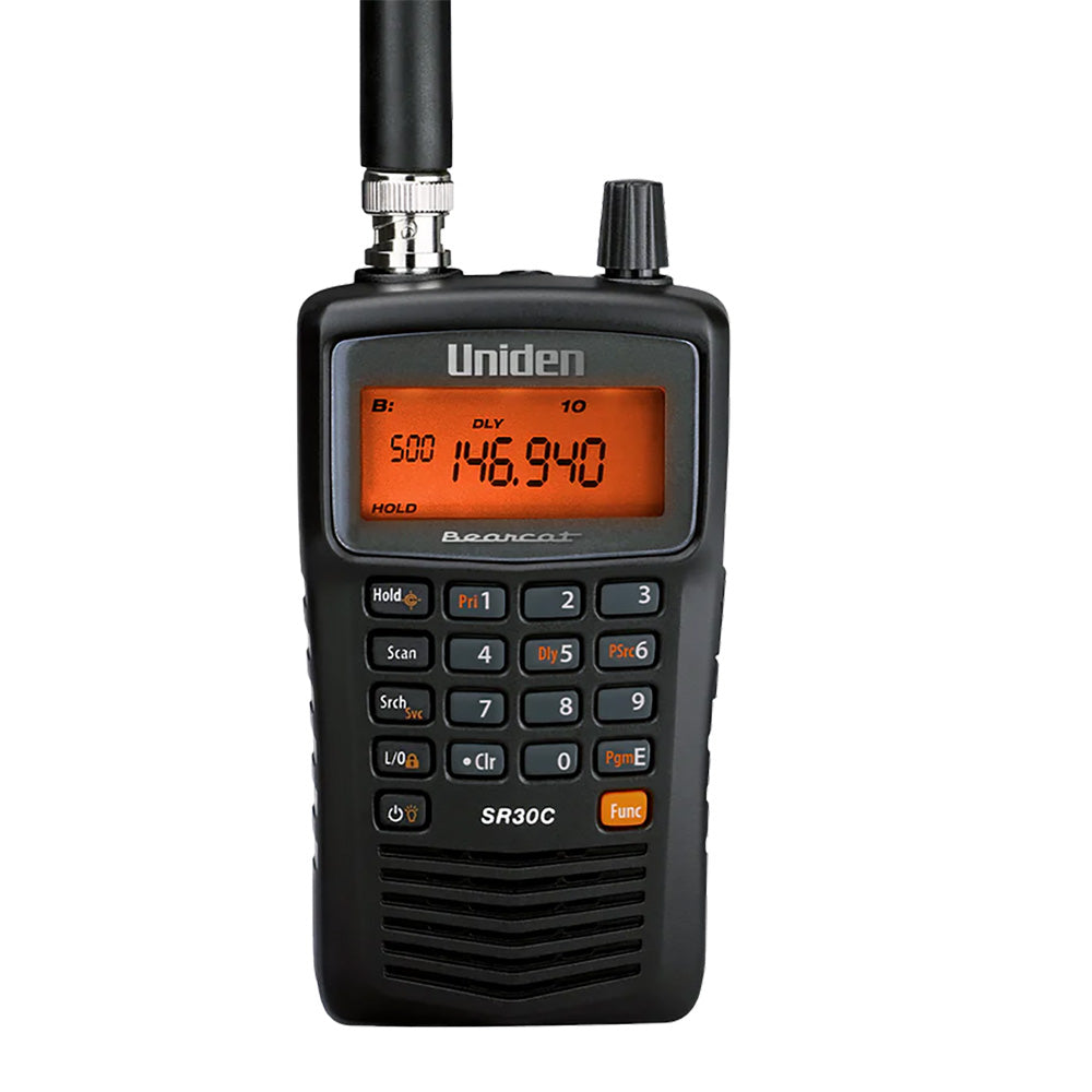 Uniden Bearcat SR30C handheld analog radio scanner with keypad and display, versatile for scanning various radio frequencies.