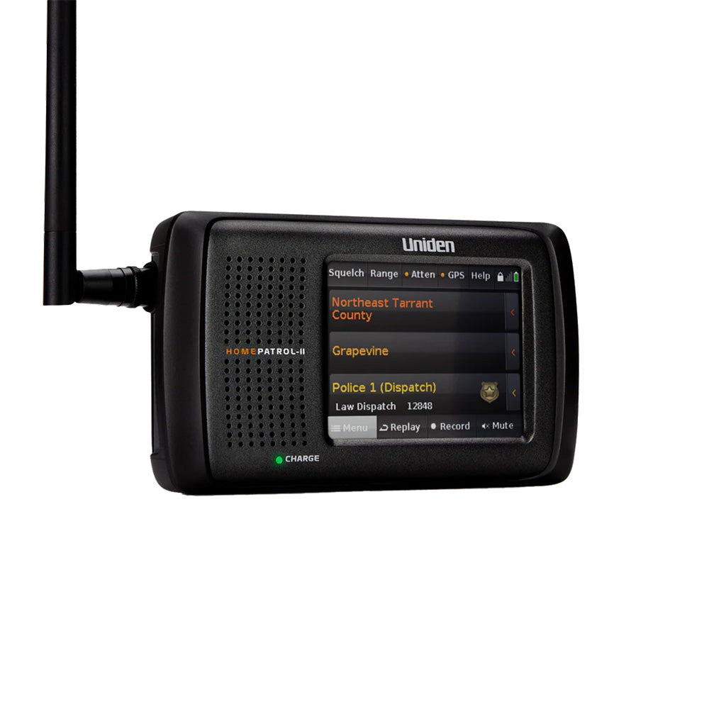 Uniden HomePatrol-2 touchscreen digital scanner displaying radio frequency spectrum and control interface.