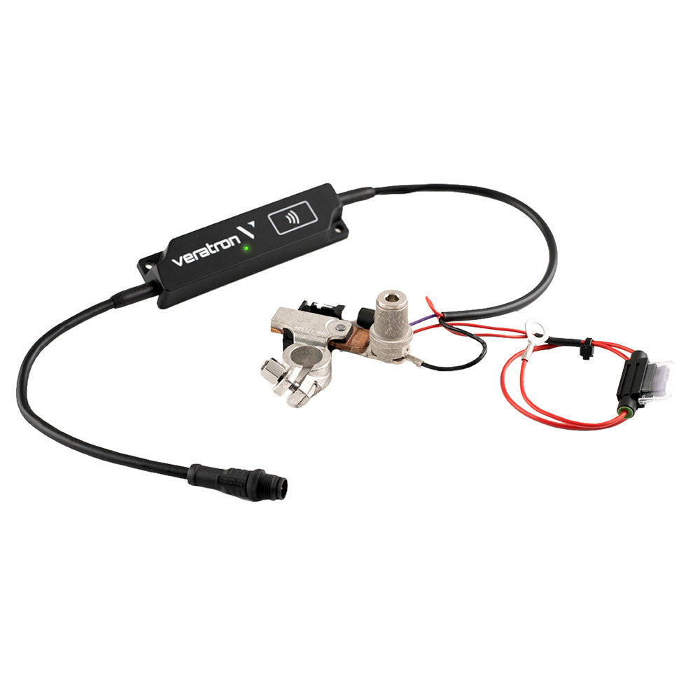 Veratron LinkUp intelligent battery sensor gateway for 12V 500AH gauge accessories, showing device with digital display and connection ports.