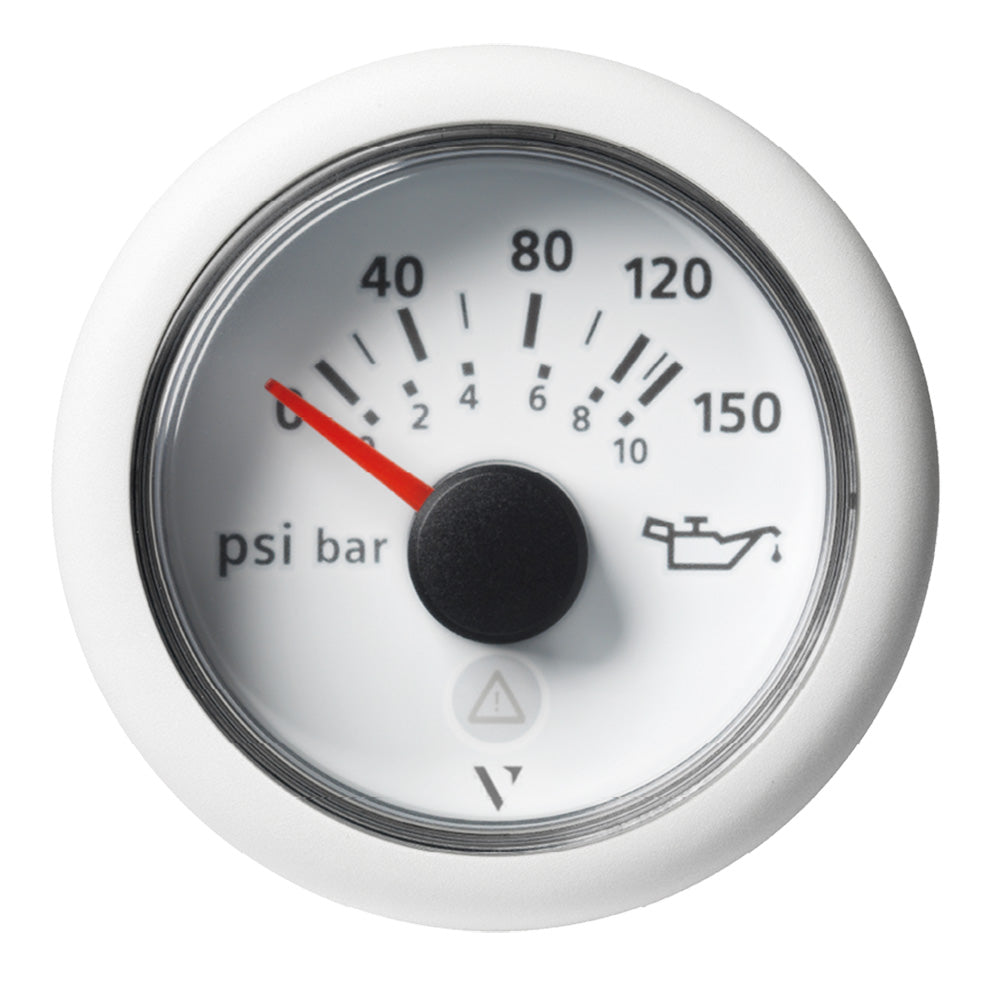 Veratron 52mm ViewLine engine oil pressure gauge with white dial and bezel, 150 PSI measurement for automotive use.