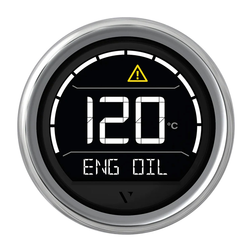Veratron VL Digital 52-watt gauge with round chrome bezel, displaying digital readings on a sleek, modern instrument panel.