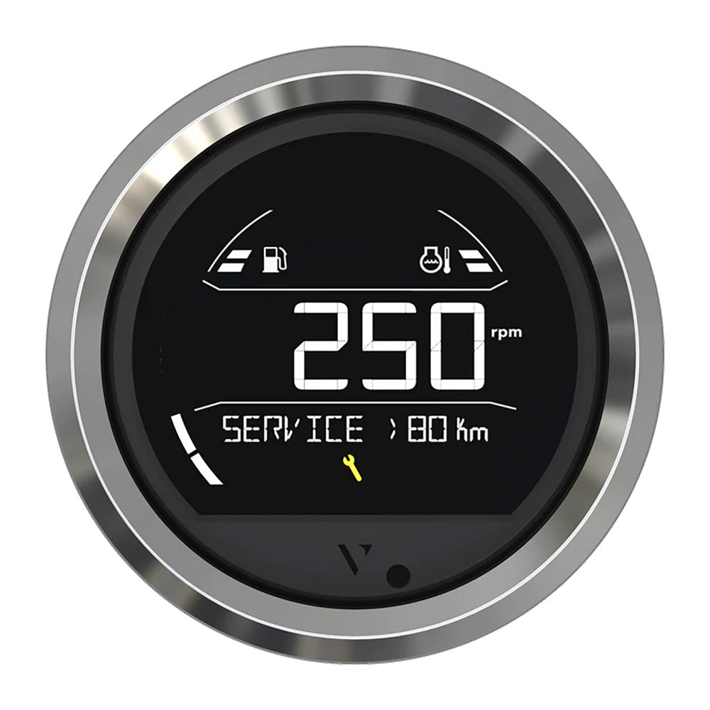 Veratron VL Digital 85 gauge with triangular chrome bezel, displaying digital readout in a close-up view.