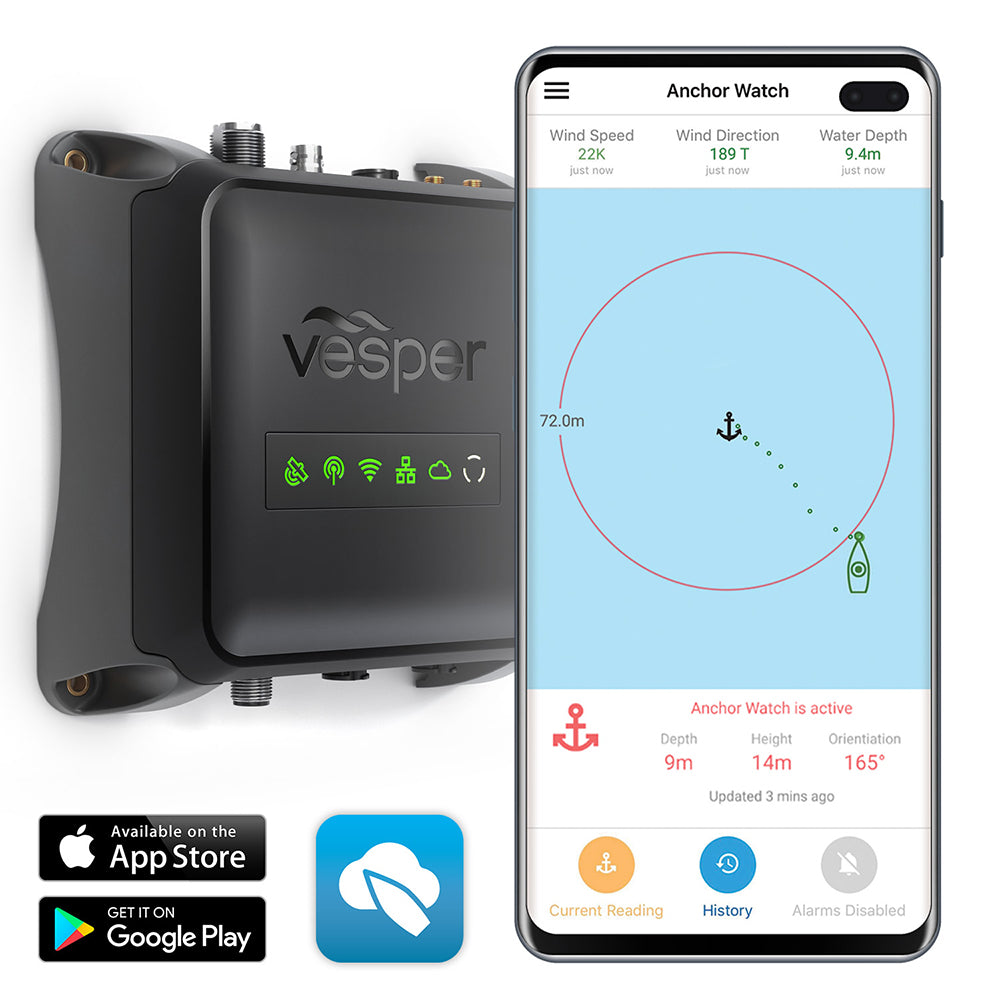 Vesper Cortex M1 Class B SOTDMA AIS transponder with remote vessel monitoring, showing device with display and antennas.