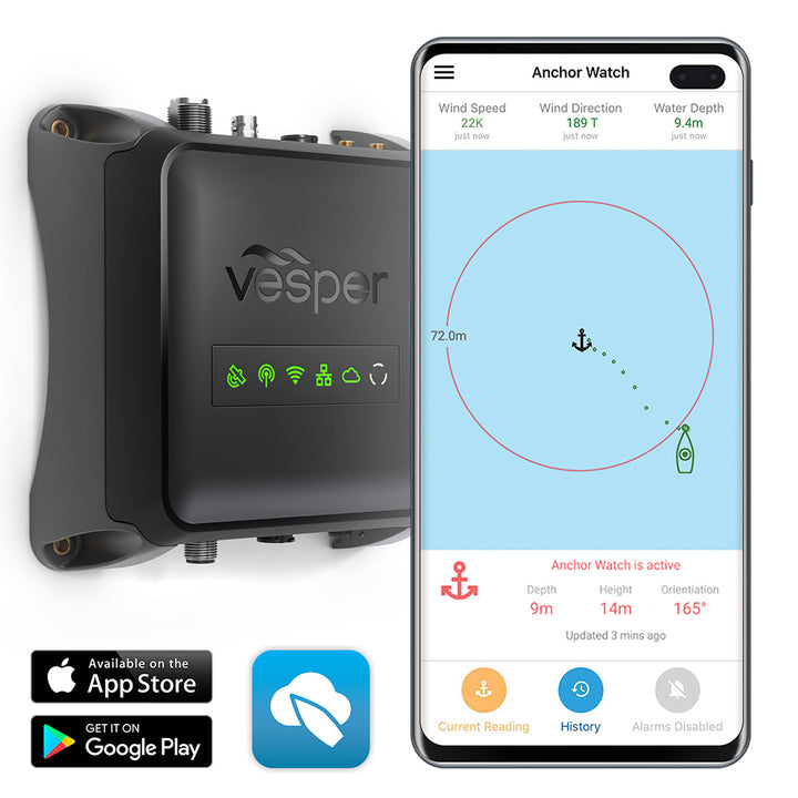 Vesper Cortex M1 Class B SOTDMA AIS transponder with remote vessel monitoring, showing device with display and antennas.