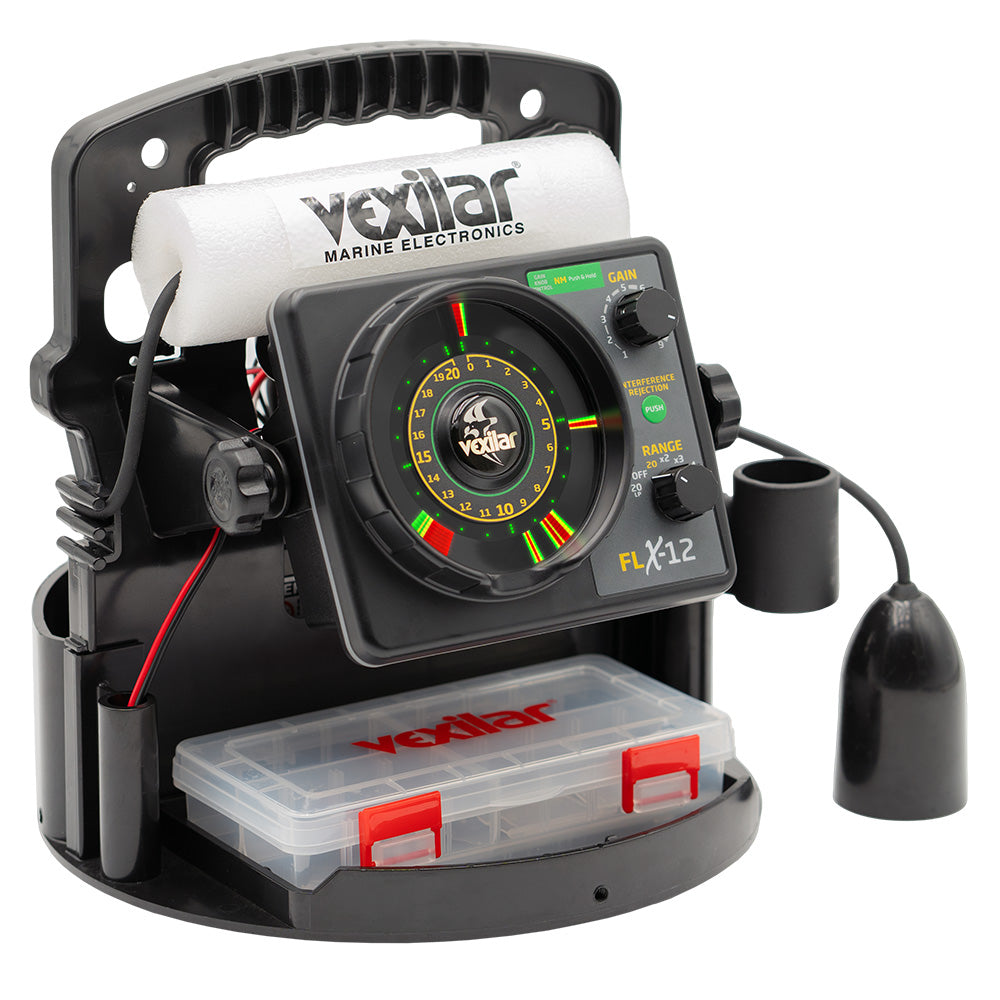 Vexilar FLX-12 Pro Pack II ice fishing system with 12-degree ice ducer, portable ice flasher for ice fishing success