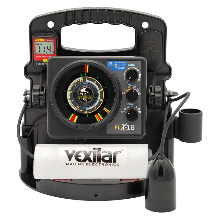 Vexilar FLX-18 Pro Pack II ice fishing system with 12-degree Ice-Ducer DD-100, portable fish finder and sonar display.