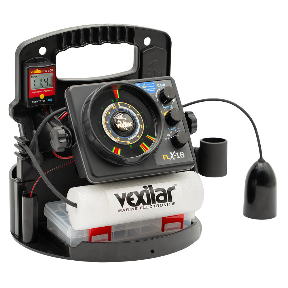 Vexilar FLX-18 Pro Pack II ice fishing system with 12-degree ice transducer and DD-100 digital depth finder.