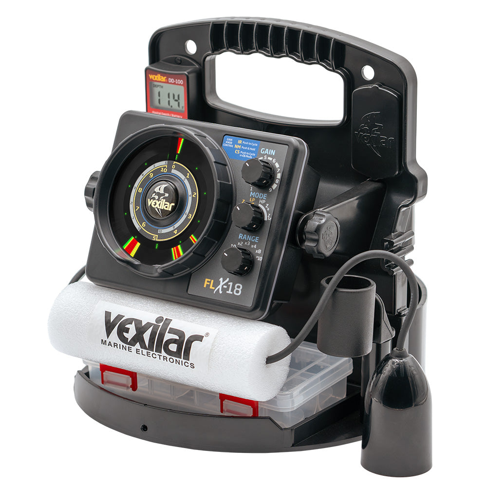 Vexilar FLX-18 Pro Pack II ice fishing system with 12-degree Ice-Ducer DD-100, display and accessories for ice fishing.