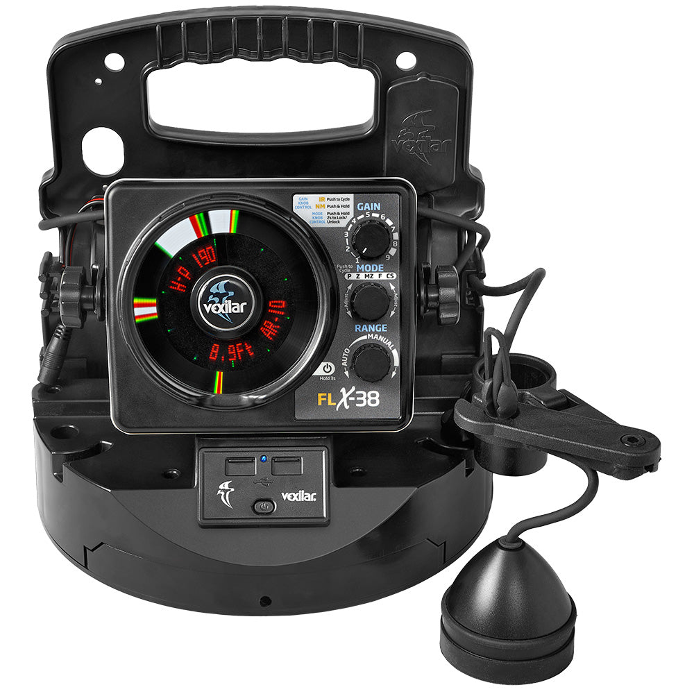 Vexilar FLX-38 BB Pro Pack Elite ice fishing flasher with broad band ice ducer and Vexilar lithium battery.