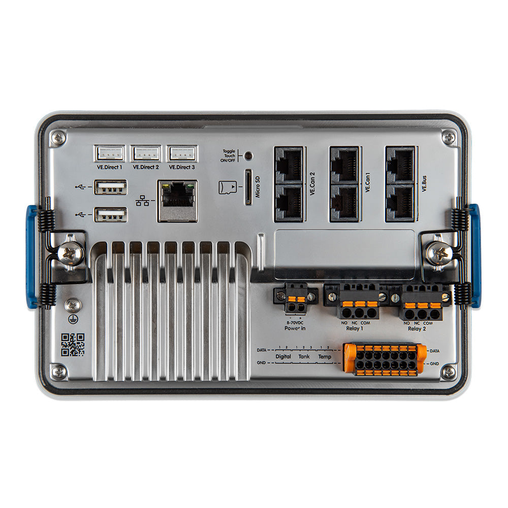 Victron Energy Ekrano GX accessory showing the compact device with display screen and connection ports for monitoring systems.