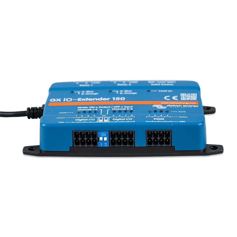 Victron Energy GX-IO Extender 150 accessory showing compact device with ports for system integration.