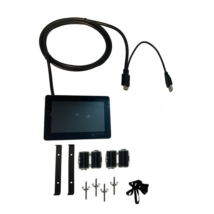 Victron GX Touch 50 flush mount display installed in a vehicle dashboard, showing a colorful user interface for energy monitoring.