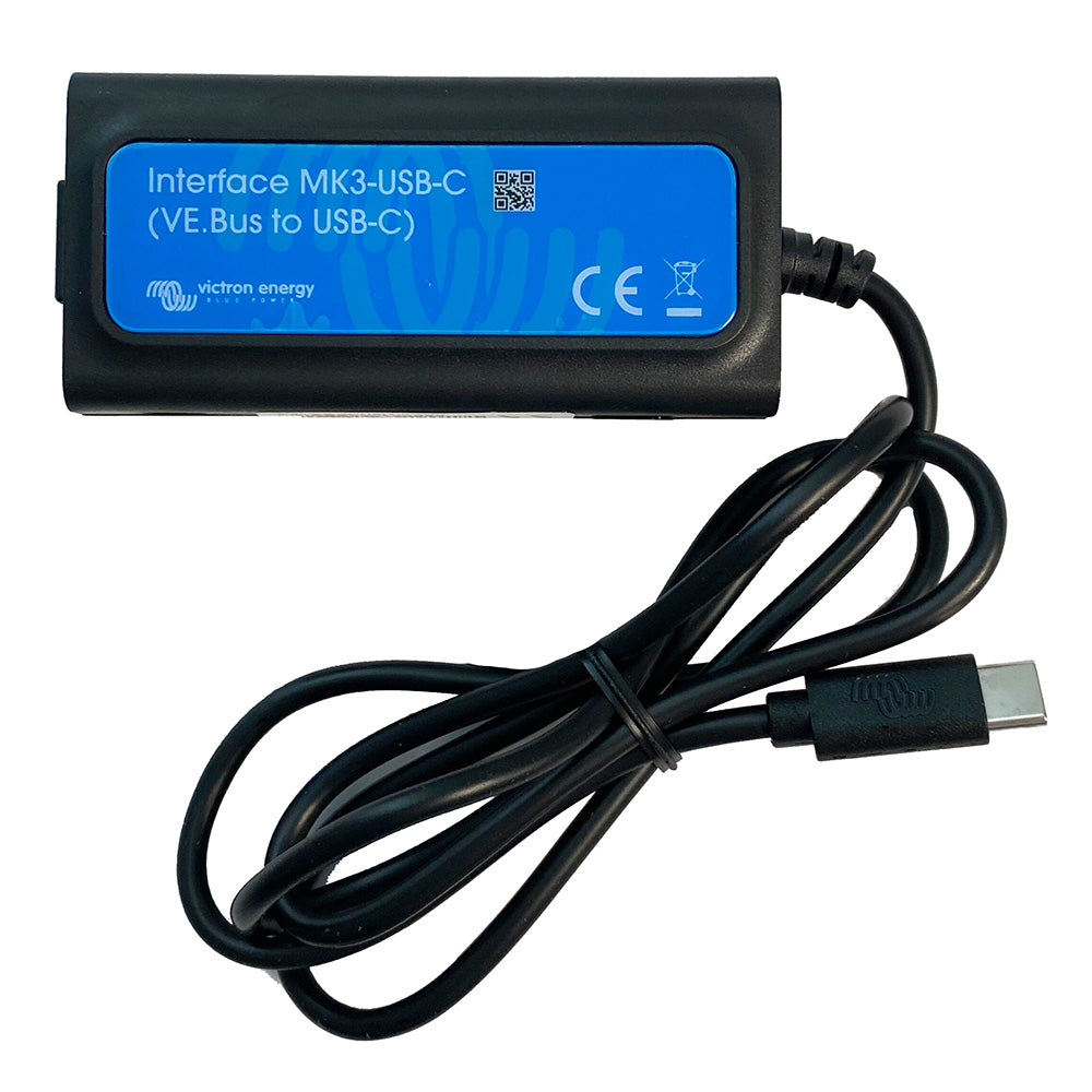 Victron Energy MK3-USB-C VE.Bus to USB-C adapter showing compact black interface with USB-C port for energy system connectivity