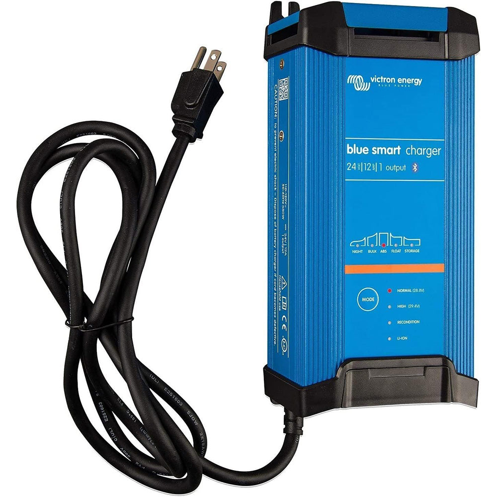 Victron Blue Smart IP22 24VDC 12A battery charger for 1 bank, dry mount, with digital display for Victron Energy systems.