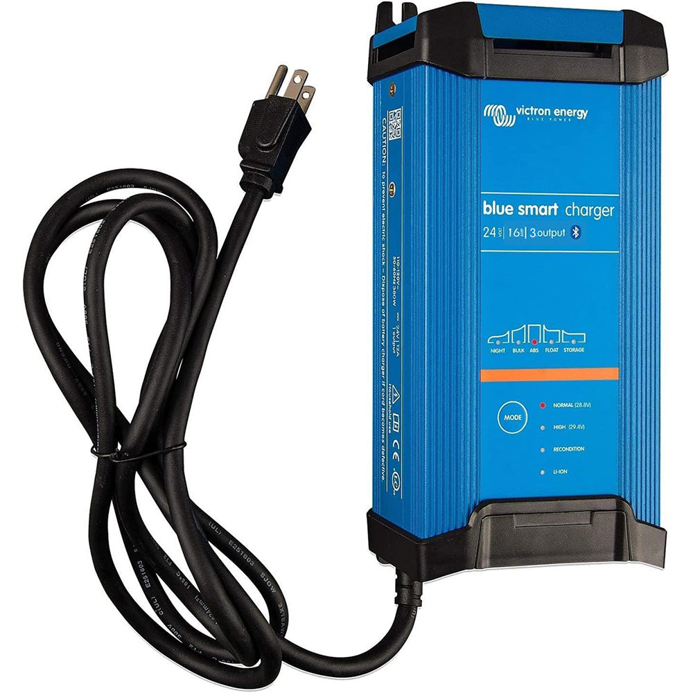 Victron Blue Smart IP22 24V DC 16A 3-bank battery charger for dry mounting, designed for efficient charging of multiple batteries.