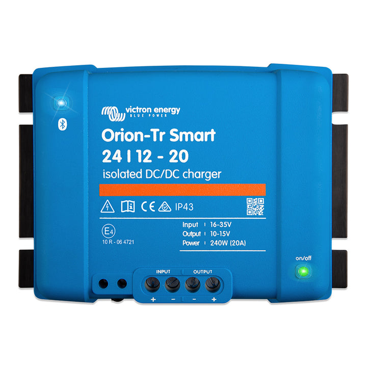 Victron Orion-Tr Smart 24/12-20A isolated DC-DC charger for batteries, black device with digital display and connection ports