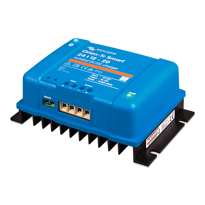 Victron Orion-Tr Smart 24/12-20A isolated DC-DC battery charger from Victron Energy, showing the compact black device with control features.