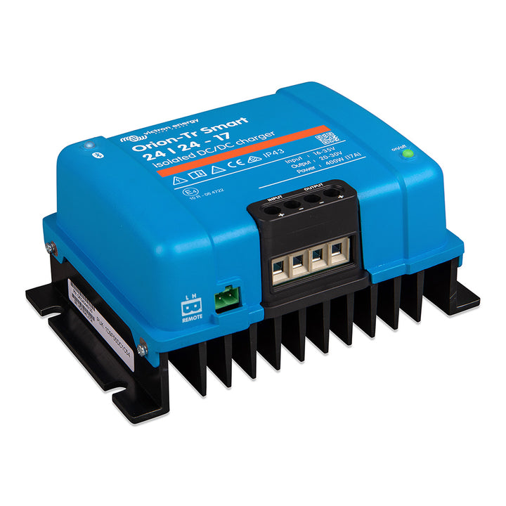 Victron Orion-TR Smart DC-DC 24/24 17A isolated battery charger with digital display and power supply output.