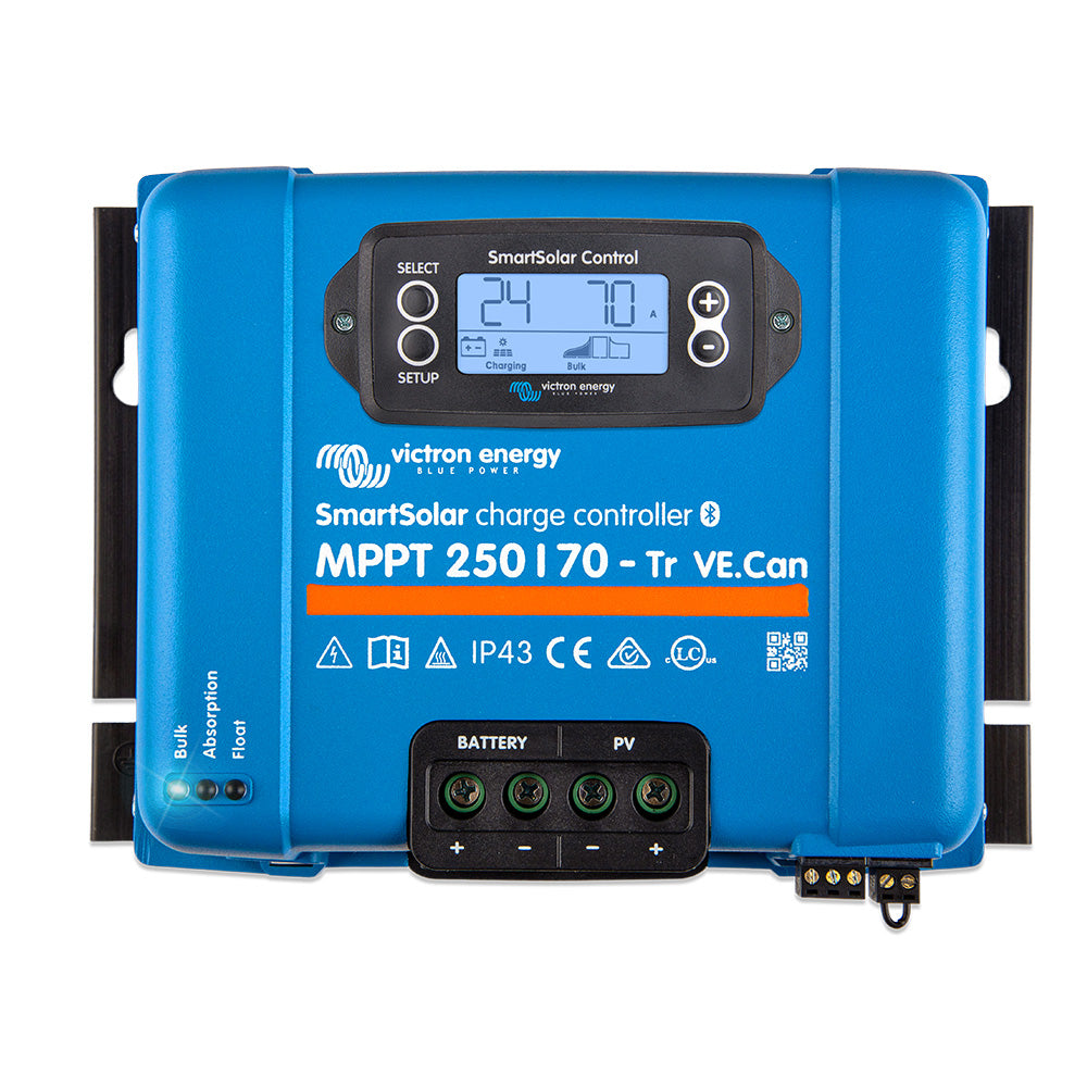 Victron Energy SmartSolar MPPT 250/70-TR VE.Can battery charger with digital display and connection ports.